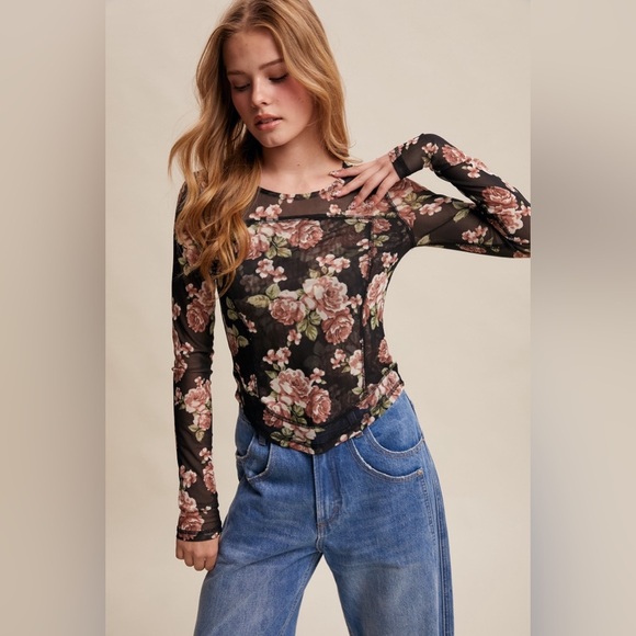 NWT Listicle Mesh Floral Long Sleeve Blouse Top Shirt - Picture 3 of 11